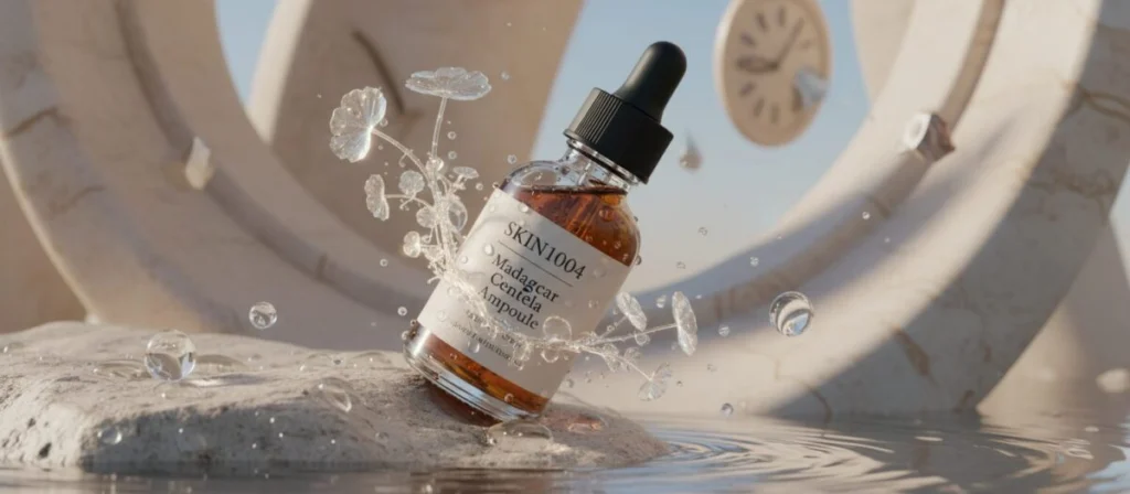 Uma fotografia macro de alta qualidade do frasco de SKIN1004 Madagascar Centella Ampoule sobre uma superfície de pedra clara com gotas de água, iluminada por luz natural suave, fundo minimalista e estético.