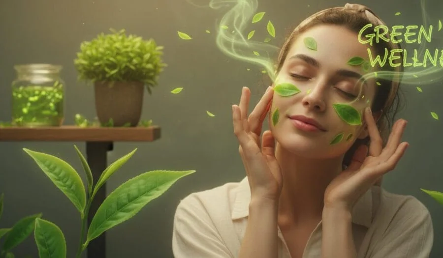 chá verde no rosto