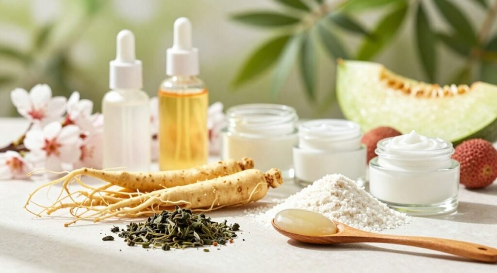 A beautiful arrangement of Korean cosmetic ingredients, prominently featuring fresh ginseng root, green tea leaves, rice powder, and snail mucin. The foreground includes a wooden spoon scooping out a creamy essence, accented by elegant glass jars filled with vibrant serums and creams. In the middle ground, delicate flowers like cherry blossoms and nourishing fruits such as lychee and honeydew create a soothing atmosphere. The background is softly blurred to highlight lush, vibrant greenery, hinting at a natural skincare theme. Natural daylight filters through, casting gentle shadows and a warm glow over the scene, evoking a tranquil, inviting mood. The overall composition conveys the essence of purity and beauty in Korean skincare.