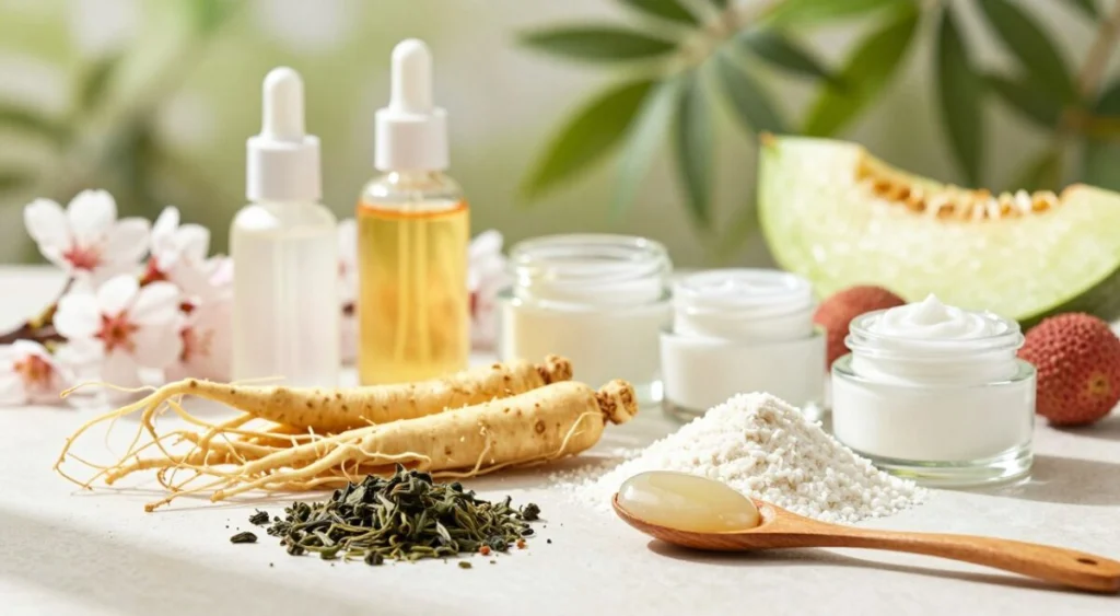 A beautiful arrangement of Korean cosmetic ingredients, prominently featuring fresh ginseng root, green tea leaves, rice powder, and snail mucin. The foreground includes a wooden spoon scooping out a creamy essence, accented by elegant glass jars filled with vibrant serums and creams. In the middle ground, delicate flowers like cherry blossoms and nourishing fruits such as lychee and honeydew create a soothing atmosphere. The background is softly blurred to highlight lush, vibrant greenery, hinting at a natural skincare theme. Natural daylight filters through, casting gentle shadows and a warm glow over the scene, evoking a tranquil, inviting mood. The overall composition conveys the essence of purity and beauty in Korean skincare. A beautiful arrangement of Korean cosmetic ingredients, prominently featuring fresh ginseng root, green tea leaves, rice powder, and snail mucin. The foreground includes a wooden spoon scooping out a creamy essence, accented by elegant glass jars filled with vibrant serums and creams. In the middle ground, delicate flowers like cherry blossoms and nourishing fruits such as lychee and honeydew create a soothing atmosphere. The background is softly blurred to highlight lush, vibrant greenery, hinting at a natural skincare theme. Natural daylight filters through, casting gentle shadows and a warm glow over the scene, evoking a tranquil, inviting mood. The overall composition conveys the essence of purity and beauty in Korean skincare.