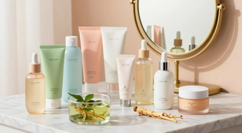 A beautifully arranged display of Korean cosmetics, featuring an array of colorful and elegantly designed skincare products such as serums, creams, and essences, all set on a light marble countertop. In the foreground, include a serene glass container filled with natural ingredients like green tea and ginseng, symbolizing the essence of Korean beauty rituals. The middle ground showcases a stylish gold-finished mirror reflecting the products, enhancing the luxurious feel. In the background, soft pastel hues create a calming atmosphere, illuminated by gentle, diffused lighting, suggesting a warm, inviting space perfect for a skincare routine. The overall mood is fresh, bright, and rejuvenating, embodying the secrets to flawless skin. A beautifully arranged display of Korean cosmetics, featuring an array of colorful and elegantly designed skincare products such as serums, creams, and essences, all set on a light marble countertop. In the foreground, include a serene glass container filled with natural ingredients like green tea and ginseng, symbolizing the essence of Korean beauty rituals. The middle ground showcases a stylish gold-finished mirror reflecting the products, enhancing the luxurious feel. In the background, soft pastel hues create a calming atmosphere, illuminated by gentle, diffused lighting, suggesting a warm, inviting space perfect for a skincare routine. The overall mood is fresh, bright, and rejuvenating, embodying the secrets to flawless skin.