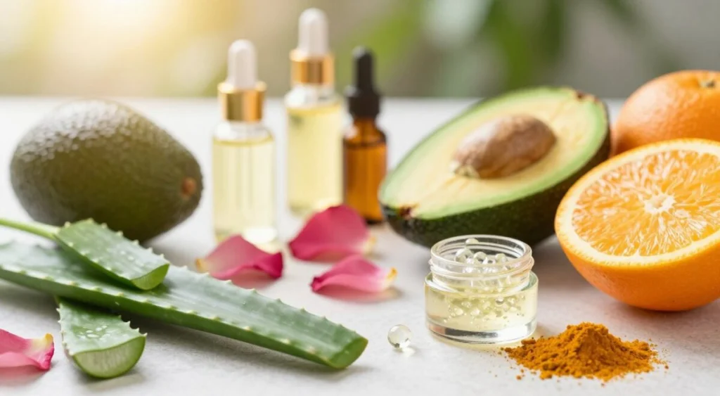 A beautifully arranged flat lay of essential ingredients for radiant skin. In the foreground, showcase fresh aloe vera leaves, plump avocados, vibrant oranges, and small jars filled with sparkling hyaluronic acid droplets. In the middle, delicate rose petals and powdered turmeric provide color contrast, while near the back, elegant bottles of facial oils and botanical extracts are artfully positioned. The background features a soft, blurred effect with hints of greenery and natural light streaming in, creating a warm and inviting atmosphere. The overall mood is fresh and rejuvenating, embodying a sense of vitality and healthy glow that enhances the theme of luminous skin. Use soft focus with a slight vignette to draw attention to the ingredients, capturing the essence of skincare beauty.