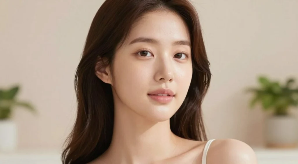 A beautifully lit portrait of a woman showcasing the essence of "Korean beauty" with flawless, radiant skin. She has a natural, soft makeup look that enhances her features, embodying the ideal of youthful and dewy skin. Her hair is sleek and well-groomed, cascading gently around her shoulders. In the background, a serene, minimalist setting featuring subtle pastel colors reflects a calming atmosphere, with potted plants hinting at a skincare routine. The lighting is soft and diffused, creating a warm glow on her skin that emphasizes its smooth texture. The angle is slightly from below, inviting an engaging perspective while keeping the focus on her luminous complexion and the elegance of Korean beauty standards. A beautifully lit portrait of a woman showcasing the essence of "Korean beauty" with flawless, radiant skin. She has a natural, soft makeup look that enhances her features, embodying the ideal of youthful and dewy skin. Her hair is sleek and well-groomed, cascading gently around her shoulders. In the background, a serene, minimalist setting featuring subtle pastel colors reflects a calming atmosphere, with potted plants hinting at a skincare routine. The lighting is soft and diffused, creating a warm glow on her skin that emphasizes its smooth texture. The angle is slightly from below, inviting an engaging perspective while keeping the focus on her luminous complexion and the elegance of Korean beauty standards.