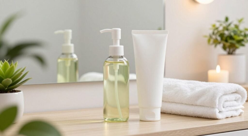 A bright and inviting bathroom countertop scene showcasing the concept of double cleansing for oily skin. In the foreground, there are two skincare products: a cleansing oil in a sleek glass bottle and a foaming cleanser in a tube, elegantly arranged beside a soft, clean towel. The middle ground features a stylish mirror reflecting the products, while a few fresh green plants add a touch of nature, enhancing the calming atmosphere. In the background, softly blurred, warm lighting illuminates the space, evoking a spa-like feel. The color palette should be soothing with whites, greens, and light wood tones, suggesting cleanliness and clarity, perfect for a skincare routine. The overall mood is fresh, clean, and inviting, representing effective skincare without any distractions.