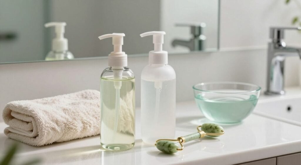 A clean and organized bathroom countertop is the focal point, showcasing the double cleansing process for oily skin. In the foreground, there are two clear glass bottles: one filled with oil-based cleanser and the other with a foaming facial cleanser. Beside them, a soft, clean towel is neatly placed along with a jade roller, suggesting a soothing skincare routine. In the middle ground, there’s a small bowl filled with fresh water, reflecting natural light. The background features a mirror that adds depth to the scene, with gentle, diffused lighting creating a calming atmosphere. The color palette consists of soft pastels with hints of green and white, evoking a fresh and clean feeling, ideal for oily skin care.