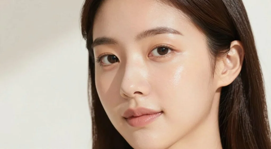 A close-up portrait of a healthy Korean woman's skin, radiating a flawless and luminous complexion. The foreground focuses on her face with dewy, glowing skin that highlights well-maintained pores and an even skin tone. Her expression is serene and confident, showcasing natural beauty. In the middle ground, soft, natural lighting enhances her features, creating a smooth gradient of light and shadow. The background is a softly blurred, minimalist setting with pale tones that enhances the warmth of her skin. The overall atmosphere is calm and refreshing, evoking a sense of tranquility and self-care. The lens used is a 50mm with a slight bokeh effect, capturing the essence of Korean skincare secrets through the portrayal of vibrant, healthy skin. A close-up portrait of a healthy Korean woman's skin, radiating a flawless and luminous complexion. The foreground focuses on her face with dewy, glowing skin that highlights well-maintained pores and an even skin tone. Her expression is serene and confident, showcasing natural beauty. In the middle ground, soft, natural lighting enhances her features, creating a smooth gradient of light and shadow. The background is a softly blurred, minimalist setting with pale tones that enhances the warmth of her skin. The overall atmosphere is calm and refreshing, evoking a sense of tranquility and self-care. The lens used is a 50mm with a slight bokeh effect, capturing the essence of Korean skincare secrets through the portrayal of vibrant, healthy skin.