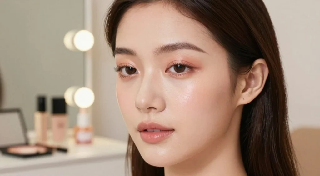 A close-up portrait of a woman showcasing "glow makeup" reflecting the "glass skin" concept. The woman has smooth, radiant skin with a dewy finish, accentuated cheekbones, and subtly highlighted features. Her eye makeup is soft and ethereal, incorporating pastel shades and delicately applied shimmer. In the foreground, focus on her face with soft, diffused lighting that enhances the glow effect and casts a warm ambiance. The middle ground includes a blurred vanity with elegant beauty products, emphasizing a professional makeup setup. In the background, a softly lit room with minimalist decor creates an inviting atmosphere. The overall mood is serene and inspiring, inviting viewers to explore makeup tips for achieving radiant skin.
