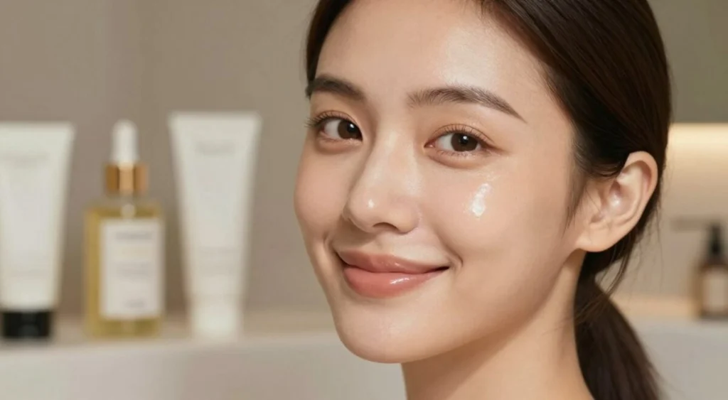 A close-up portrait of a woman with luminous, glass-like skin, showcasing the beauty of healthy, well-prepared skin. The foreground features her radiant face, with soft, natural makeup highlighting her cheekbones and a gentle glow. In the middle ground, a soothing, neutral-toned bathroom setting is visible, with elegant skincare products displayed in the background. Warm, diffused lighting casts a soft radiance across her complexion, enhancing the notion of hydration and care. The angle should be slightly above eye level to capture her smiling expression and the reflective quality of her skin. The overall mood is serene, inviting, and emphasizes the importance of skin preparation for achieving a flawless appearance.