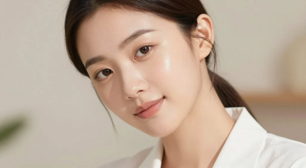 A close-up portrait of a young Asian woman with "glass skin," showcasing a flawless, luminous complexion that appears smooth and reflective. She has a natural, radiant glow, illuminated softly by diffused, natural light creating a warm, inviting atmosphere. The background is blurred, featuring subtle pastel colors that enhance her captivating beauty without distraction. The subject is dressed in a simple, elegant white blouse, with minimal makeup that emphasizes her natural beauty. The angle is slightly tilted from above, highlighting her clear skin and the delicate features of her face. The image conveys a sense of serenity, confidence, and sophistication, ideal for illustrating the concept of glass skin in skincare.