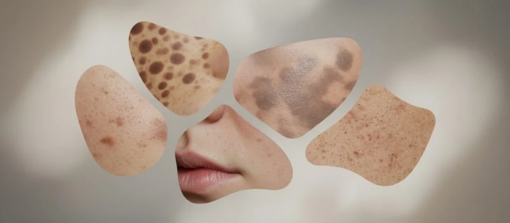 A close-up view of diverse skin types featuring various pigmentation spots and blemishes, set on a soft, neutral background to enhance visibility. In the foreground, showcase detailed sections of skin with a range of conditions like age spots, melasma, and sun damage, highlighted under soft, natural lighting to give a realistic texture and depth. Use a macro lens perspective to capture the intricacies of skin texture and coloration. The mood is informative and clinical, suitable for an educational context. Ensure the depiction is gentle and professional, avoiding any nudity or provocative elements, focusing instead on the skin's health and appearance, emphasizing understanding and care in skin treatment.