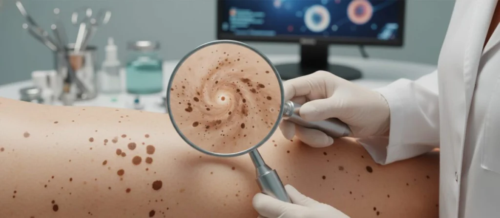 A close-up view of human skin showing various types of skin blemishes, such as dark spots, age spots, and freckles, in a professional medical context. The foreground features a dermatologist’s hands in modest attire gently inspecting the skin with a dermatoscope, showcasing the meticulous examination process. The middle layer displays a clear, detailed texture of healthy skin interspersed with patches of discoloration, emphasizing the contrast between affected and unaffected areas. The background is softly blurred with medical tools and a warm, neutral color palette to create a calm, informative atmosphere. The overall lighting is bright and clinical, simulating a consultation room, capturing the seriousness and educational aspect of skin care and treatment.