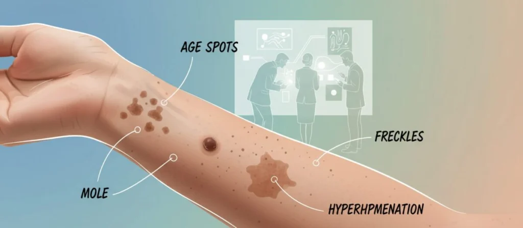 A detailed, anatomically accurate illustration of various skin blemishes, including age spots, moles, freckles, and hyperpigmentation. In the foreground, focus on a close-up of a healthy, lightly tanned arm displaying distinct types of skin spots, with clear labels indicating each type, presented in a clinical yet artistic manner. The middle ground should show a faint outline of a diverse group of professional individuals, dressed in business attire, attentively examining a chart on skin conditions. The background features soothing colors with soft gradients, simulating a dermatology clinic. The lighting is bright yet soft to enhance the details of the skin textures, with a slight shadow effect to convey depth. The atmosphere is informative and approachable, ideal for educating viewers on skin health.