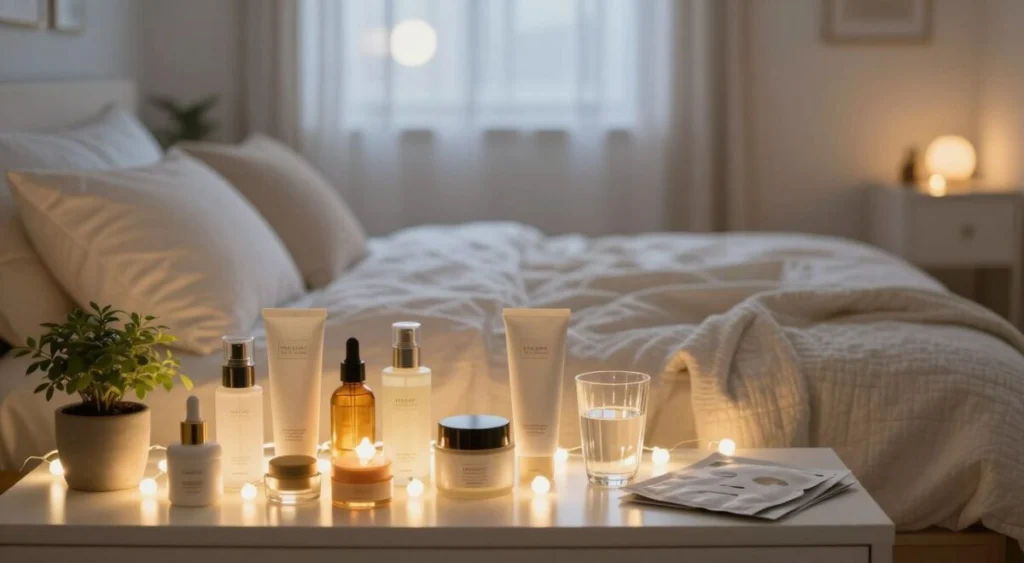 A serene Korean bedroom at night, illuminated by soft, warm fairy lights. In the foreground, a beautifully arranged vanity showcasing an array of elegant skincare products, including serums, moisturizers, and sheet masks, all neatly organized. A delicate glass of water and a small potted plant sit beside the products, adding a touch of nature. In the middle, a cozy bed with fluffy pillows and a light quilt, creating an inviting atmosphere. In the background, softly blurred curtains draping a window, allowing gentle moonlight to filter in. The scene exudes a calming and peaceful vibe, promoting the essence of a nourishing nighttime skincare routine that emphasizes tranquility and self-care. Shot with a soft-focus lens to enhance the warmth and comfort of the space, evoking a gentle, relaxing ambiance. A serene Korean bedroom at night, illuminated by soft, warm fairy lights. In the foreground, a beautifully arranged vanity showcasing an array of elegant skincare products, including serums, moisturizers, and sheet masks, all neatly organized. A delicate glass of water and a small potted plant sit beside the products, adding a touch of nature. In the middle, a cozy bed with fluffy pillows and a light quilt, creating an inviting atmosphere. In the background, softly blurred curtains draping a window, allowing gentle moonlight to filter in. The scene exudes a calming and peaceful vibe, promoting the essence of a nourishing nighttime skincare routine that emphasizes tranquility and self-care. Shot with a soft-focus lens to enhance the warmth and comfort of the space, evoking a gentle, relaxing ambiance.