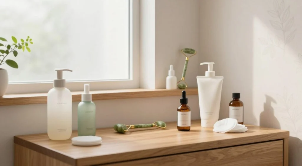A serene and inviting bathroom scene centered around a minimalist skincare routine. In the foreground, a stylish wooden vanity holds an array of beautiful skincare products, including cleansers, serums, and moisturizers in elegant bottles. A soft, gentle light filters in through a frosted window, creating a calming atmosphere. In the middle ground, a well-organized shelf displays essential skincare tools like jade rollers and cotton pads. The background features light pastel walls adorned with subtle botanical prints, enhancing the relaxing vibe. A delicate green plant peeks from the corner, symbolizing freshness and vitality. The overall mood is tranquil and clean, encapsulating the essence of a Korean-inspired morning skincare routine. A serene and inviting bathroom scene centered around a minimalist skincare routine. In the foreground, a stylish wooden vanity holds an array of beautiful skincare products, including cleansers, serums, and moisturizers in elegant bottles. A soft, gentle light filters in through a frosted window, creating a calming atmosphere. In the middle ground, a well-organized shelf displays essential skincare tools like jade rollers and cotton pads. The background features light pastel walls adorned with subtle botanical prints, enhancing the relaxing vibe. A delicate green plant peeks from the corner, symbolizing freshness and vitality. The overall mood is tranquil and clean, encapsulating the essence of a Korean-inspired morning skincare routine.