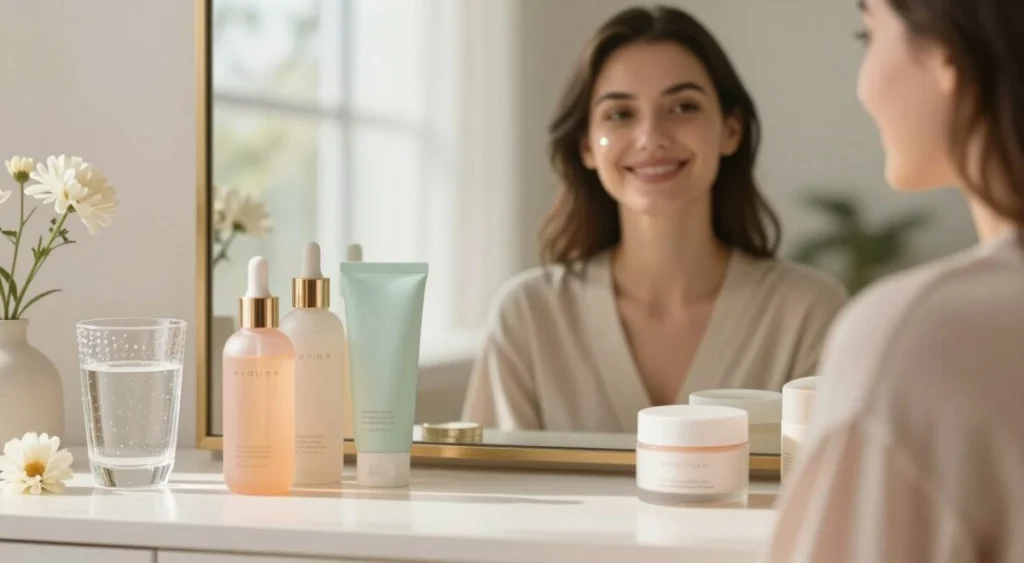 A serene and inviting skincare setup featuring a beautifully arranged vanity table. In the foreground, a variety of elegant skincare products, including serums, moisturizers, and soothing creams displayed in soft pastel colors. A glimmering glass of water, symbolizing hydration, sits beside a delicate flower arrangement. In the middle ground, a model with radiant, glass-like skin reflects joy and confidence, dressed in a modest, stylish outfit. Soft, natural lighting illuminates the scene, creating a warm and inviting atmosphere. In the background, a subtly blurred window showcases soft, diffused daylight, enhancing the feeling of tranquility and promoting a sense of wellbeing essential for achieving glowing skin. The composition should evoke a sense of clarity and freshness related to proper skincare practices.