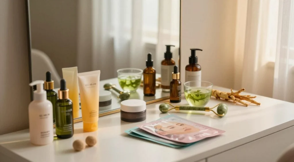 A serene and inviting skincare setup inspired by Korean beauty rituals, featuring an elegant vanity table in the foreground adorned with an array of colorful skincare products such as serums, masks, and moisturizers. Soft, ambient lighting creates a warm and calming atmosphere, highlighting the textures and colors of the products. In the middle ground, a polished mirror reflects the scene, showcasing an attractive assortment of jade rollers and natural ingredients like green tea and ginseng. In the background, light fabric curtains filter soft daylight, adding a dreamlike quality to the scene. The overall mood is tranquil and rejuvenating, evoking a sense of self-care and beauty secrets. The composition should be shot with a standard lens at an eye-level angle for a personal touch. A serene and inviting skincare setup inspired by Korean beauty rituals, featuring an elegant vanity table in the foreground adorned with an array of colorful skincare products such as serums, masks, and moisturizers. Soft, ambient lighting creates a warm and calming atmosphere, highlighting the textures and colors of the products. In the middle ground, a polished mirror reflects the scene, showcasing an attractive assortment of jade rollers and natural ingredients like green tea and ginseng. In the background, light fabric curtains filter soft daylight, adding a dreamlike quality to the scene. The overall mood is tranquil and rejuvenating, evoking a sense of self-care and beauty secrets. The composition should be shot with a standard lens at an eye-level angle for a personal touch.