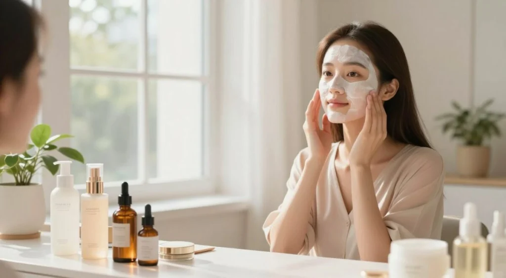 A serene beauty scene illustrating a step-by-step process for achieving "glass skin." In the foreground, display a neat vanity table adorned with skincare products, such as serums, moisturizers, and essence bottles, arranged in an aesthetically pleasing manner. The middle ground features a young woman with smooth, radiant skin and a calm expression, applying a gentle face mask, dressed in modest, professional loungewear. Behind her, soft, diffused natural light streams through a large window, casting a warm glow that enhances the sheen on her skin. The background includes subtle greenery and soft pastel colors, creating a tranquil, inviting atmosphere. Overall, the image conveys serenity and self-care while focusing on the theme of achieving beautifully luminous skin.