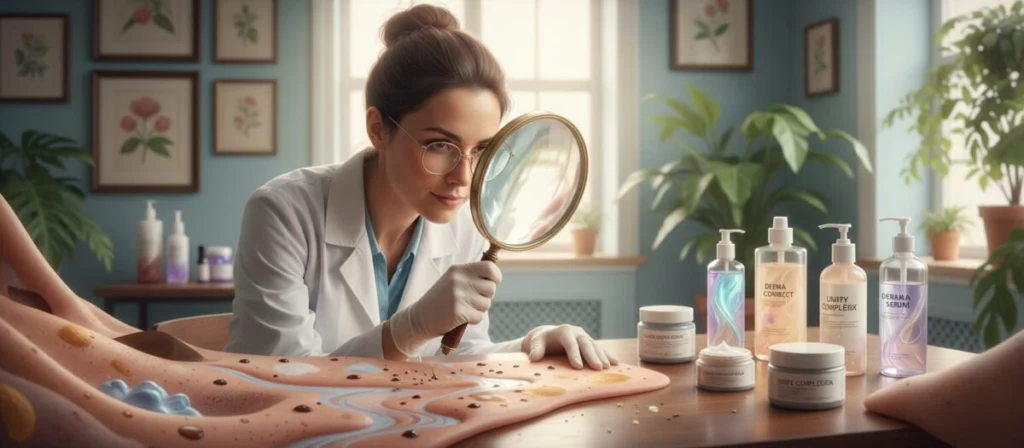 A serene healthcare setting showcasing a close-up view of diverse skin tones depicting various skin spots and blemishes, symbolizing different types of skin discoloration. In the foreground, a well-groomed professional wearing a white lab coat examines skin samples through a magnifying glass, embodying the role of a dermatologist. The middle ground features a neatly arranged collection of skincare products, such as serums and creams, on a polished wooden table. The background consists of a softly lit clinic with potted plants and calming blue walls, enhancing a tranquil atmosphere. The lighting is bright yet soft, creating a warm, inviting feel. The angle captures the dermatologist's focused expression, promoting a mood of care and professionalism. The image conveys an informative yet approachable introduction to skin spot treatments.