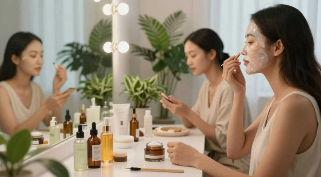 A serene skincare setting with a diverse group of women engaged in a facial care routine. In the foreground, a woman with glowing skin applies a hydrating face mask while seated at a neatly organized vanity. A range of colorful skincare products, including serums and creams, are displayed elegantly alongside her. In the middle ground, a large mirror reflects gentle lighting, creating a soft and inviting atmosphere. To the background, lush green plants add a refreshing touch, enhancing the tranquil vibe. The overall mood is calming and rejuvenating, emphasizing the importance of personal care. The scene is well-lit, capturing the essence of "glass skin."