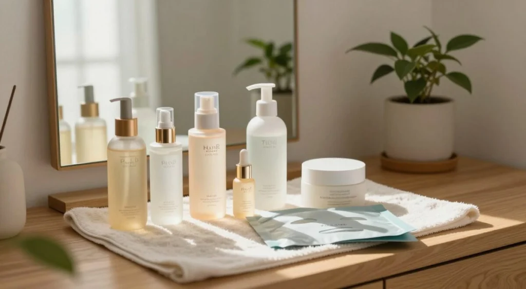 A serene, well-organized Korean skincare routine laid out on a wooden vanity. In the foreground, there are several beautifully designed skincare products: essences, serums, moisturizers, and sheet masks, all elegantly arranged on a clean, soft-colored towel. The middle layer features a gentle reflection of natural light coming through a window, casting soft shadows that enhance the textures of the products. In the background, a stylish plant adds a touch of greenery, and a minimalist mirror reflects an inviting atmosphere. The mood is calm and rejuvenating, embodying a sense of self-care and tranquility. The scene is captured using a warm, soft focus lens to emphasize the harmonious colors and details. A serene, well-organized Korean skincare routine laid out on a wooden vanity. In the foreground, there are several beautifully designed skincare products: essences, serums, moisturizers, and sheet masks, all elegantly arranged on a clean, soft-colored towel. The middle layer features a gentle reflection of natural light coming through a window, casting soft shadows that enhance the textures of the products. In the background, a stylish plant adds a touch of greenery, and a minimalist mirror reflects an inviting atmosphere. The mood is calm and rejuvenating, embodying a sense of self-care and tranquility. The scene is captured using a warm, soft focus lens to emphasize the harmonious colors and details.