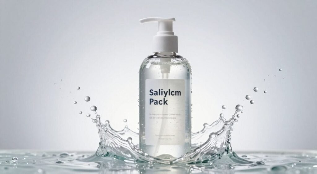 A transparent bottle of facial cleansing gel with salicylic acid, water splashes and bubbles, refreshing and clinical aesthetic, bright studio lighting.