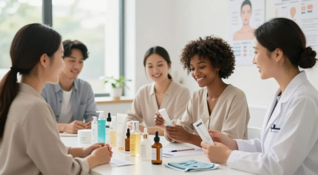 A well-lit, professional skincare consultation scene featuring a diverse group of individuals, each representing different skin types. In the foreground, a skincare expert in modest, professional attire is demonstrating products to a client with a warm, inviting smile. The client appears engaged, examining a range of skincare products on a neatly arranged table, showcasing serums, moisturizers, and masks. In the middle ground, bright and inviting skincare product packaging is visible, along with skin type charts displayed on a nearby wall. The background features soft, natural lighting filtering through large windows, enhancing the airy and professional atmosphere. The overall mood is friendly and informative, perfect for illustrating skincare education and product selection for different skin types. A well-lit, professional skincare consultation scene featuring a diverse group of individuals, each representing different skin types. In the foreground, a skincare expert in modest, professional attire is demonstrating products to a client with a warm, inviting smile. The client appears engaged, examining a range of skincare products on a neatly arranged table, showcasing serums, moisturizers, and masks. In the middle ground, bright and inviting skincare product packaging is visible, along with skin type charts displayed on a nearby wall. The background features soft, natural lighting filtering through large windows, enhancing the airy and professional atmosphere. The overall mood is friendly and informative, perfect for illustrating skincare education and product selection for different skin types.