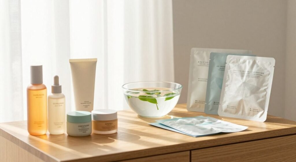 A beautifully arranged Korean skincare routine displayed on a minimalist wooden vanity. In the foreground, showcase an array of elegant, colorful skincare products in chic packaging, including serums, creams, and sheet masks, all neatly organized. In the middle, a soft-focus image of a stylish glass bowl of water with fresh green leaves floating, symbolizing purity and hydration. The background captures a hint of natural light streaming through a sheer white curtain, casting a warm glow, enhancing the serene and calming atmosphere. Aim for a peaceful and rejuvenating mood that reflects the philosophy of daily skincare for healthy skin. Use a bright, well-lit scene with a shallow depth of field to emphasize the products while keeping the overall composition balanced and inviting.