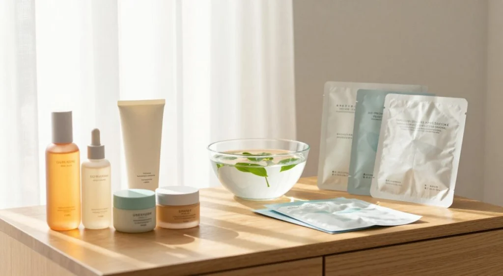 A beautifully arranged Korean skincare routine displayed on a minimalist wooden vanity. In the foreground, showcase an array of elegant, colorful skincare products in chic packaging, including serums, creams, and sheet masks, all neatly organized. In the middle, a soft-focus image of a stylish glass bowl of water with fresh green leaves floating, symbolizing purity and hydration. The background captures a hint of natural light streaming through a sheer white curtain, casting a warm glow, enhancing the serene and calming atmosphere. Aim for a peaceful and rejuvenating mood that reflects the philosophy of daily skincare for healthy skin. Use a bright, well-lit scene with a shallow depth of field to emphasize the products while keeping the overall composition balanced and inviting.