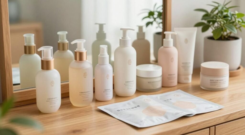 A beautifully arranged collection of essential Korean skincare products on a wooden vanity. In the foreground, showcase various bottles and jars of serums, moisturizers, and sheet masks, featuring elegant packaging with soft pastel colors and intricate designs. The middle ground highlights a mirror reflecting the products, with a subtle soft natural light illuminating the scene, creating a fresh and inviting atmosphere. In the background, a soft-focus potted plant adds a touch of greenery, enhancing the calming, zen-like mood. The image should have a warm color palette, evoking a sense of tranquility and luxury. Capture the scene from a slightly elevated angle, emphasizing the beauty and organization of the products, ensuring it feels both aspirational and accessible. A beautifully arranged collection of essential Korean skincare products on a wooden vanity. In the foreground, showcase various bottles and jars of serums, moisturizers, and sheet masks, featuring elegant packaging with soft pastel colors and intricate designs. The middle ground highlights a mirror reflecting the products, with a subtle soft natural light illuminating the scene, creating a fresh and inviting atmosphere. In the background, a soft-focus potted plant adds a touch of greenery, enhancing the calming, zen-like mood. The image should have a warm color palette, evoking a sense of tranquility and luxury. Capture the scene from a slightly elevated angle, emphasizing the beauty and organization of the products, ensuring it feels both aspirational and accessible.