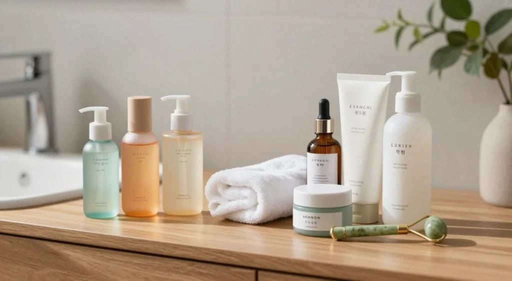 A beautifully arranged display of Korean skincare products on a sleek wooden vanity. In the foreground, a variety of colorful bottles and jars, including essence, serums, and moisturizers, all elegantly labeled in both English and Korean. The middle-ground features a soft cotton towel and a small jade roller, conveying a sense of luxury and care. The background showcases a serene bathroom setting with a subtle hint of green plants, emphasizing a fresh and calming atmosphere. Soft, natural light gently illuminates the scene, creating delicate shadows. The overall mood is inviting and tranquil, perfect for reflecting a dedicated skincare routine. The focus is on the products without any human presence, ensuring a clean and professional look. A beautifully arranged display of Korean skincare products on a sleek wooden vanity. In the foreground, a variety of colorful bottles and jars, including essence, serums, and moisturizers, all elegantly labeled in both English and Korean. The middle-ground features a soft cotton towel and a small jade roller, conveying a sense of luxury and care. The background showcases a serene bathroom setting with a subtle hint of green plants, emphasizing a fresh and calming atmosphere. Soft, natural light gently illuminates the scene, creating delicate shadows. The overall mood is inviting and tranquil, perfect for reflecting a dedicated skincare routine. The focus is on the products without any human presence, ensuring a clean and professional look.