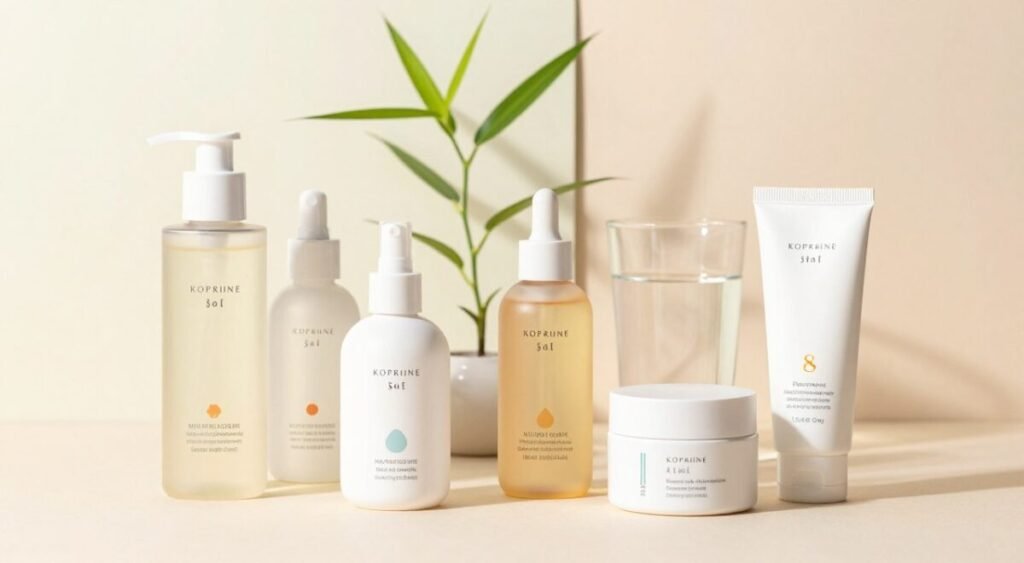 A beautifully arranged flat lay of essential Korean skincare products, including a hydrating cleanser, essence, serum, moisturizer, and sunscreen. The foreground features elegantly displayed product bottles and jars, with distinctive labels and sleek modern designs. The middle ground shows a delicate bamboo plant and a glass of water to convey freshness. The background consists of soft pastel tones, creating a serene and inviting atmosphere, reminiscent of a tranquil spa. Soft, diffused natural light illuminates the scene, enhancing the textures of the products while casting gentle shadows for depth. A slightly angled perspective gives a dynamic view of the setup, inviting the viewer to explore the essentials of Korean skincare for hydrated, glowing skin.