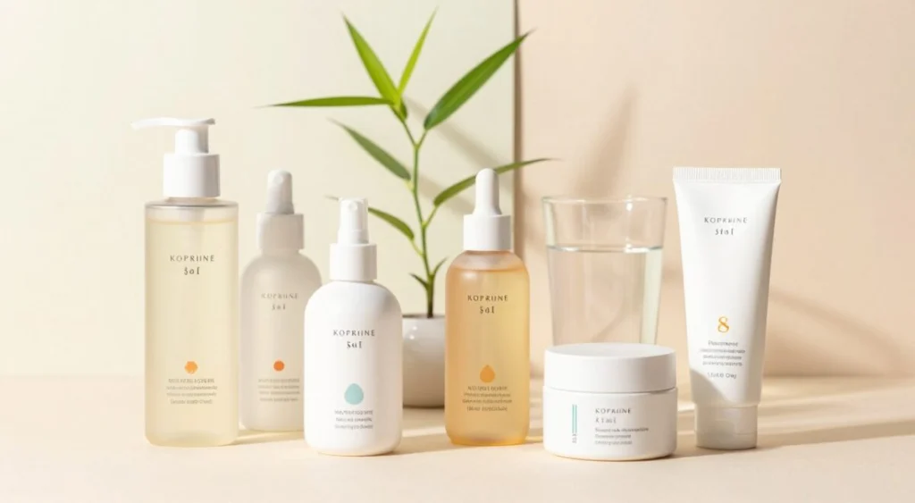 A beautifully arranged flat lay of essential Korean skincare products, including a hydrating cleanser, essence, serum, moisturizer, and sunscreen. The foreground features elegantly displayed product bottles and jars, with distinctive labels and sleek modern designs. The middle ground shows a delicate bamboo plant and a glass of water to convey freshness. The background consists of soft pastel tones, creating a serene and inviting atmosphere, reminiscent of a tranquil spa. Soft, diffused natural light illuminates the scene, enhancing the textures of the products while casting gentle shadows for depth. A slightly angled perspective gives a dynamic view of the setup, inviting the viewer to explore the essentials of Korean skincare for hydrated, glowing skin. A beautifully arranged flat lay of essential Korean skincare products, including a hydrating cleanser, essence, serum, moisturizer, and sunscreen. The foreground features elegantly displayed product bottles and jars, with distinctive labels and sleek modern designs. The middle ground shows a delicate bamboo plant and a glass of water to convey freshness. The background consists of soft pastel tones, creating a serene and inviting atmosphere, reminiscent of a tranquil spa. Soft, diffused natural light illuminates the scene, enhancing the textures of the products while casting gentle shadows for depth. A slightly angled perspective gives a dynamic view of the setup, inviting the viewer to explore the essentials of Korean skincare for hydrated, glowing skin.