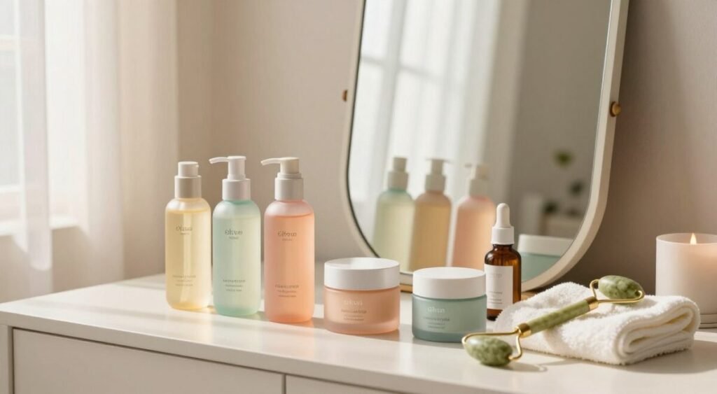 A beautifully arranged scene showcasing essential Korean skincare products on a clean, minimalist vanity. In the foreground, there's an array of colorful bottles and jars, elegantly labeled with soft pastel colors, including essences, serums, and creams. To the side, a jade roller rests on a luxurious cotton towel. In the middle, a stylishly framed mirror reflects the products, casting gentle, warm lighting that creates an inviting atmosphere. The background features a light, airy window with sheer curtains, allowing natural sunlight to filter in, enhancing the serene ambiance. The overall mood is calming and sophisticated, emphasizing the importance of skincare rituals. The composition highlights a balance between functionality and aesthetic beauty, making it perfect for a skincare guide. A beautifully arranged scene showcasing essential Korean skincare products on a clean, minimalist vanity. In the foreground, there's an array of colorful bottles and jars, elegantly labeled with soft pastel colors, including essences, serums, and creams. To the side, a jade roller rests on a luxurious cotton towel. In the middle, a stylishly framed mirror reflects the products, casting gentle, warm lighting that creates an inviting atmosphere. The background features a light, airy window with sheer curtains, allowing natural sunlight to filter in, enhancing the serene ambiance. The overall mood is calming and sophisticated, emphasizing the importance of skincare rituals. The composition highlights a balance between functionality and aesthetic beauty, making it perfect for a skincare guide.