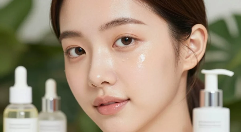 A close-up view of a radiant, hydrated face with glowing skin, showcasing a flawless complexion that reflects a youthful, dewy aesthetic. The subject is a young woman with features that embody the Korean beauty ideal, accented by evenly applied light makeup that enhances her natural look. The foreground captures the shimmer of her healthy skin, while gently blurred skincare products, like serums and moisturizers, are placed beside her, hinting at a beauty routine. Soft, diffused lighting creates a warm and inviting atmosphere, illuminating her features and enhancing the overall vibrancy. The background features a lush, green indoor setting, suggesting a calm and serene environment, perfect for a daily skincare practice. A close-up view of a radiant, hydrated face with glowing skin, showcasing a flawless complexion that reflects a youthful, dewy aesthetic. The subject is a young woman with features that embody the Korean beauty ideal, accented by evenly applied light makeup that enhances her natural look. The foreground captures the shimmer of her healthy skin, while gently blurred skincare products, like serums and moisturizers, are placed beside her, hinting at a beauty routine. Soft, diffused lighting creates a warm and inviting atmosphere, illuminating her features and enhancing the overall vibrancy. The background features a lush, green indoor setting, suggesting a calm and serene environment, perfect for a daily skincare practice.