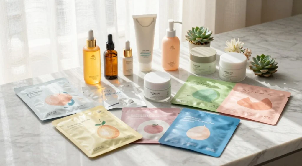A flat lay arrangement of various high-quality Korean beauty products on a marble countertop, showcasing an array of colorful packaging including serums, creams, and sheet masks. The products should be arranged artfully, with a few placed open to reveal their contents. In the background, soft natural lighting filters through a translucent window, casting gentle shadows to create a warm atmosphere. A few delicate flowers or succulent plants are added for a fresh touch. The scene is captured from a slightly elevated angle to emphasize the textures and colors of the products, set against a serene and clean backdrop to convey a sense of tranquility and self-care. A flat lay arrangement of various high-quality Korean beauty products on a marble countertop, showcasing an array of colorful packaging including serums, creams, and sheet masks. The products should be arranged artfully, with a few placed open to reveal their contents. In the background, soft natural lighting filters through a translucent window, casting gentle shadows to create a warm atmosphere. A few delicate flowers or succulent plants are added for a fresh touch. The scene is captured from a slightly elevated angle to emphasize the textures and colors of the products, set against a serene and clean backdrop to convey a sense of tranquility and self-care.