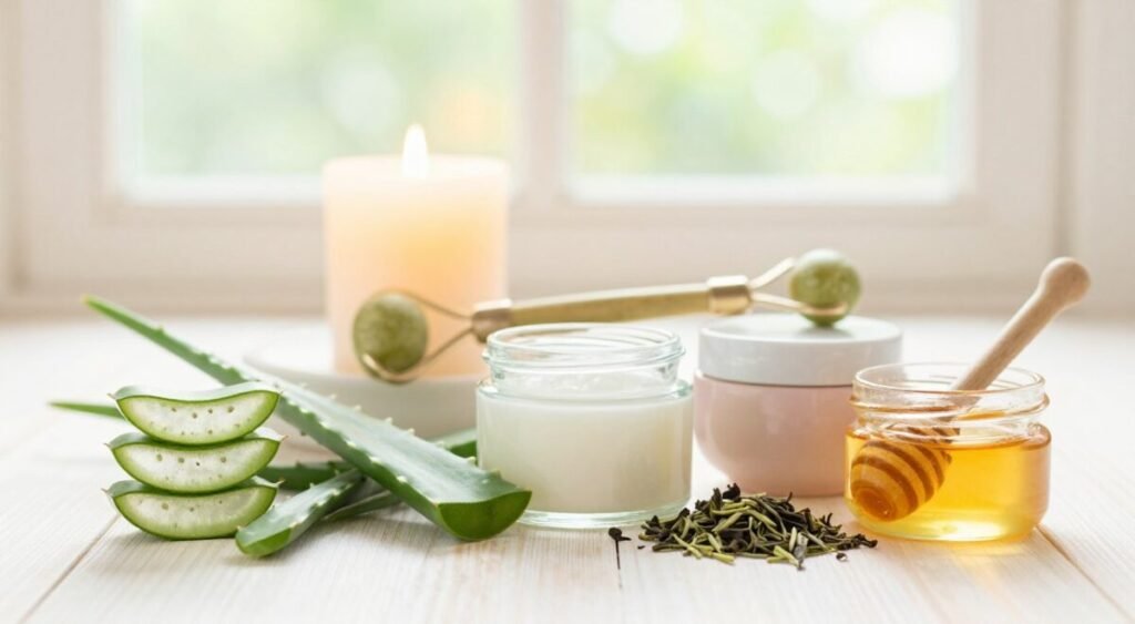 A serene, aesthetically pleasing flat lay of natural skincare treatments inspired by Korean porcelain skin. In the foreground, a clean and organized array of organic ingredients like fresh aloe vera, green tea leaves, and honey, elegantly arranged in glass jars. The middle layer features a softly glowing candle and a bamboo face roller, enhancing the spa-like vibe. In the background, a blurred window with soft, natural light streaming in, creating a warm and inviting atmosphere. The color palette includes soft pastel tones such as light green, pale pink, and creamy whites. The composition should evoke a sense of tranquility and purity, ideal for conveying the essence of simple, natural skincare routines. A serene, aesthetically pleasing flat lay of natural skincare treatments inspired by Korean porcelain skin. In the foreground, a clean and organized array of organic ingredients like fresh aloe vera, green tea leaves, and honey, elegantly arranged in glass jars. The middle layer features a softly glowing candle and a bamboo face roller, enhancing the spa-like vibe. In the background, a blurred window with soft, natural light streaming in, creating a warm and inviting atmosphere. The color palette includes soft pastel tones such as light green, pale pink, and creamy whites. The composition should evoke a sense of tranquility and purity, ideal for conveying the essence of simple, natural skincare routines.