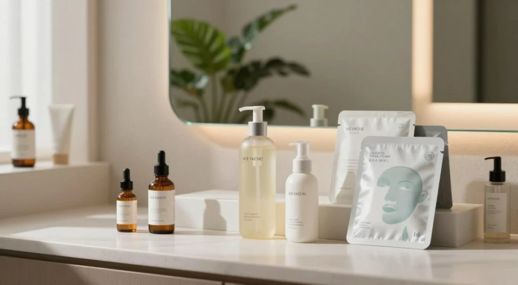 A serene and elegant Korean skincare display on a minimalist bathroom counter. In the foreground, a variety of beautifully packaged skincare products like serums, moisturizers, and face masks arranged artfully. The middle layer features a soft-focus glass mirror reflecting a lush houseplant, emphasizing the importance of hydration and natural beauty. In the background, a gentle warm light filters through a window, creating a peaceful and inviting atmosphere. The scene is styled in a contemporary Asian aesthetic, with clean lines and neutral tones. The overall mood conveys tranquility and wellness, showcasing the admired aspects of Korean skincare rituals.