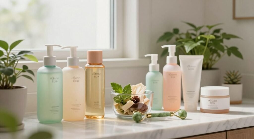 A serene and inviting bathroom setup featuring a step-by-step Korean skincare routine. In the foreground, an elegant marble countertop displays an array of colorful skincare products, including cleansers, toners, serums, and moisturizers, beautifully arranged. In the middle, a graceful glass container filled with plant-based ingredients and an attractive jade roller. The background consists of a soft, cozy atmosphere, with light pouring in from a frosted window, creating gentle highlights on the surfaces. The image captures the essence of self-care with lush greenery in small pots to enliven the scene. The color palette consists of pastels and earth tones, evoking a calm and rejuvenating mood. Use soft, natural lighting and a close-up angle to emphasize the details of the skincare products, inviting viewers to explore the transformative journey of Korean skincare. A serene and inviting bathroom setup featuring a step-by-step Korean skincare routine. In the foreground, an elegant marble countertop displays an array of colorful skincare products, including cleansers, toners, serums, and moisturizers, beautifully arranged. In the middle, a graceful glass container filled with plant-based ingredients and an attractive jade roller. The background consists of a soft, cozy atmosphere, with light pouring in from a frosted window, creating gentle highlights on the surfaces. The image captures the essence of self-care with lush greenery in small pots to enliven the scene. The color palette consists of pastels and earth tones, evoking a calm and rejuvenating mood. Use soft, natural lighting and a close-up angle to emphasize the details of the skincare products, inviting viewers to explore the transformative journey of Korean skincare.