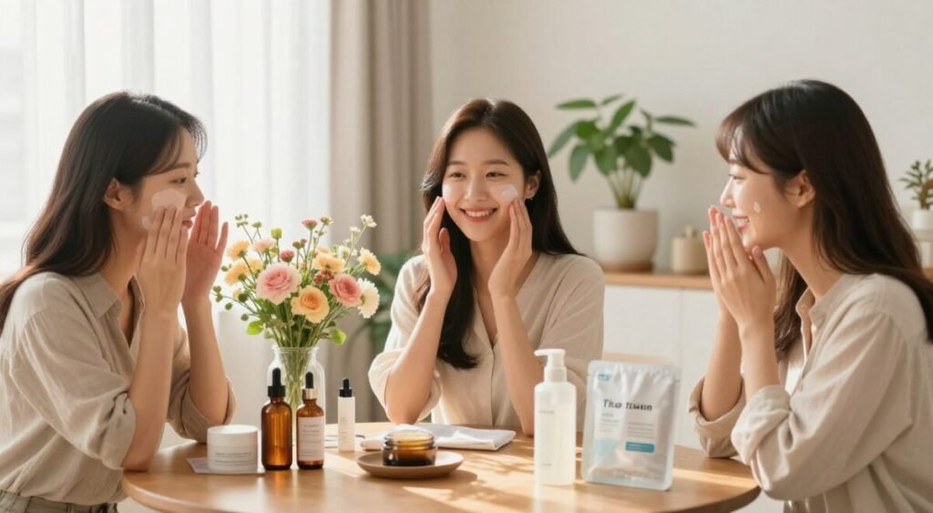 A serene and inviting beauty composition focused on Korean skincare secrets for beginners. In the foreground, a diverse group of three women of Asian descent, all wearing modest, casual clothing, smiling and sharing a light moment as they demonstrate a skincare routine. They are surrounded by various skincare products like serums, masks, and moisturizers, displayed elegantly on a wooden table. The middle ground features soft, pastel-colored flowers and potted plants to enhance natural beauty. In the background, a calming, softly lit room with gentle sunlight filtering through sheer curtains creates a warm atmosphere. The overall mood is cheerful and informative, encouraging a sense of approachability and simplicity in skincare practices, emphasizing the accessible nature of Korean beauty routines. A serene and inviting beauty composition focused on Korean skincare secrets for beginners. In the foreground, a diverse group of three women of Asian descent, all wearing modest, casual clothing, smiling and sharing a light moment as they demonstrate a skincare routine. They are surrounded by various skincare products like serums, masks, and moisturizers, displayed elegantly on a wooden table. The middle ground features soft, pastel-colored flowers and potted plants to enhance natural beauty. In the background, a calming, softly lit room with gentle sunlight filtering through sheer curtains creates a warm atmosphere. The overall mood is cheerful and informative, encouraging a sense of approachability and simplicity in skincare practices, emphasizing the accessible nature of Korean beauty routines.