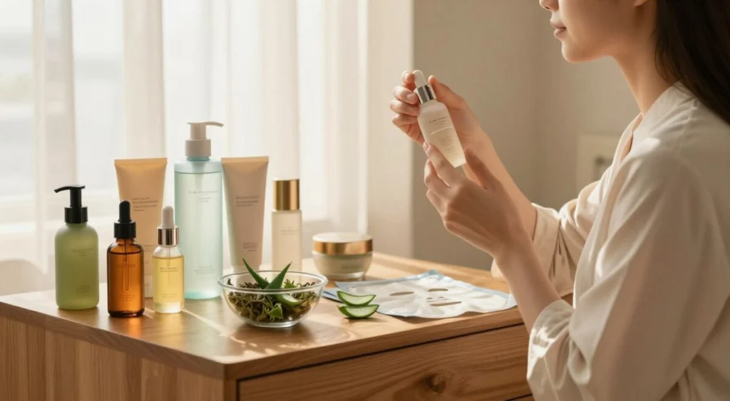 A serene and inviting skincare setup inspired by Korean beauty routines. In the foreground, focus on an elegant wooden vanity adorned with an array of colorful skincare products like serums, moisturizers, and sheet masks, all beautifully displayed. In the middle, a stylish glass bowl filled with fresh botanicals such as green tea leaves and aloe vera adds a natural touch. The background features soft, warm lighting that mimics a cozy spa atmosphere, with delicate curtains gently diffusing sunlight. Include a silhouette of a person in modest, professional attire gently applying a skincare product with a serene expression, embodying tranquility and self-care. The overall mood should evoke relaxation, beauty, and the promise of radiant skin, showcasing the essence of Korean skincare traditions. A serene and inviting skincare setup inspired by Korean beauty routines. In the foreground, focus on an elegant wooden vanity adorned with an array of colorful skincare products like serums, moisturizers, and sheet masks, all beautifully displayed. In the middle, a stylish glass bowl filled with fresh botanicals such as green tea leaves and aloe vera adds a natural touch. The background features soft, warm lighting that mimics a cozy spa atmosphere, with delicate curtains gently diffusing sunlight. Include a silhouette of a person in modest, professional attire gently applying a skincare product with a serene expression, embodying tranquility and self-care. The overall mood should evoke relaxation, beauty, and the promise of radiant skin, showcasing the essence of Korean skincare traditions.