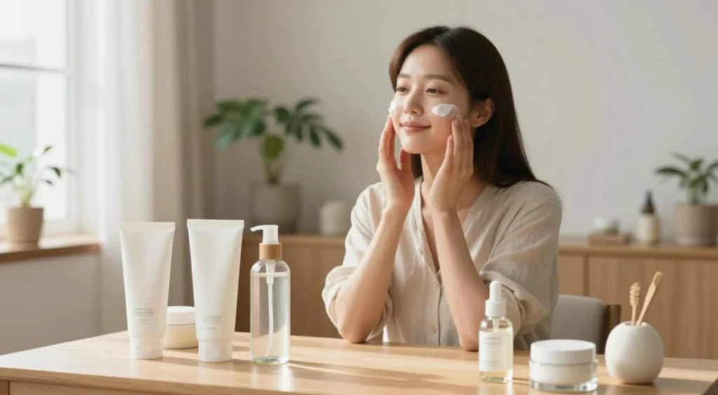 A serene and organized vanity in a softly lit room showcases the essential steps of a Korean morning skincare routine. In the foreground, neatly arranged skincare products like cleansers, toners, and serums are prominently displayed, with elegant glass containers reflecting light. The middle section features a woman in modest casual clothing, gently applying a moisturizer to her face, her expression thoughtful and serene. She has an effortless, natural beauty, with a slight smile, embodying the essence of Korean skincare. The background is a warm, lightly decorated space with potted plants and soft textures, creating a calm and inviting atmosphere. Soft, diffused natural light streams in from a nearby window, enhancing the tranquil mood and showcasing the careful attention to skincare.