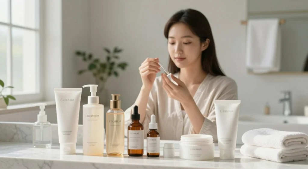 A serene bathroom scene showcasing the "6 essential steps for achieving perfect Korean skin." In the foreground, a neat array of skincare products, including cleansers, toners, essences, serums, and moisturizers, artfully arranged on a marble countertop. Soft morning light filters through a window, casting a gentle glow on the products, enhancing their textures and colors. In the middle, a model with a clear, radiant complexion, dressed in modest casual clothing, demonstrates the skincare routine, applying a serum with a focused expression. The background features a minimalistic, stylish bathroom decor with plant accents and soft towels, creating an atmosphere of tranquility and self-care. The overall mood is calm, inviting, and inspiring, ideal for illustrating a skincare routine. A serene bathroom scene showcasing the "6 essential steps for achieving perfect Korean skin." In the foreground, a neat array of skincare products, including cleansers, toners, essences, serums, and moisturizers, artfully arranged on a marble countertop. Soft morning light filters through a window, casting a gentle glow on the products, enhancing their textures and colors. In the middle, a model with a clear, radiant complexion, dressed in modest casual clothing, demonstrates the skincare routine, applying a serum with a focused expression. The background features a minimalistic, stylish bathroom decor with plant accents and soft towels, creating an atmosphere of tranquility and self-care. The overall mood is calm, inviting, and inspiring, ideal for illustrating a skincare routine.