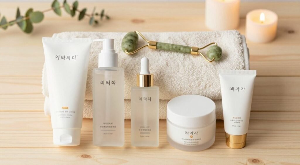 A serene, beautifully arranged flat lay of a simple Korean skincare routine. In the foreground, display key skincare products: a gentle cleanser, a hydrating toner, a lightweight essence, a nourishing moisturizer, and a sunblock, all elegantly labelled with minimalist Korean designs. The middle layer features a soft, fluffy towel and a jade roller, suggesting a pampering touch. The background should have a light wooden surface adorned with small plants and subtle candles for a calming ambiance. Natural soft lighting creates a warm and inviting atmosphere, highlighting the textures of the products and the elegance of the scene. The composition captures the essence of a peaceful daily skincare ritual, reflecting a path to achieving radiant, natural skin. A serene, beautifully arranged flat lay of a simple Korean skincare routine. In the foreground, display key skincare products: a gentle cleanser, a hydrating toner, a lightweight essence, a nourishing moisturizer, and a sunblock, all elegantly labelled with minimalist Korean designs. The middle layer features a soft, fluffy towel and a jade roller, suggesting a pampering touch. The background should have a light wooden surface adorned with small plants and subtle candles for a calming ambiance. Natural soft lighting creates a warm and inviting atmosphere, highlighting the textures of the products and the elegance of the scene. The composition captures the essence of a peaceful daily skincare ritual, reflecting a path to achieving radiant, natural skin.