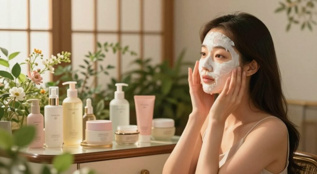 A serene beauty scene showcasing Korean skincare secrets. In the foreground, a gentle, ethereal Korean woman with flawless, radiant skin applies a nurturing face mask while surrounded by lush green plants and delicate flowers, symbolizing natural beauty. In the middle ground, an elegant vanity table displays an array of skincare products: serums, creams, and essences, artfully arranged in soft pastel colors. The background features a softly lit room with rice paper screens and subtle floral patterns, creating a calming atmosphere. The lighting is warm and diffused, reminiscent of golden hour, casting a soft glow on her skin. The overall mood is tranquil and inspiring, highlighting the allure of Korean beauty rituals that captivate the world. A serene beauty scene showcasing Korean skincare secrets. In the foreground, a gentle, ethereal Korean woman with flawless, radiant skin applies a nurturing face mask while surrounded by lush green plants and delicate flowers, symbolizing natural beauty. In the middle ground, an elegant vanity table displays an array of skincare products: serums, creams, and essences, artfully arranged in soft pastel colors. The background features a softly lit room with rice paper screens and subtle floral patterns, creating a calming atmosphere. The lighting is warm and diffused, reminiscent of golden hour, casting a soft glow on her skin. The overall mood is tranquil and inspiring, highlighting the allure of Korean beauty rituals that captivate the world.