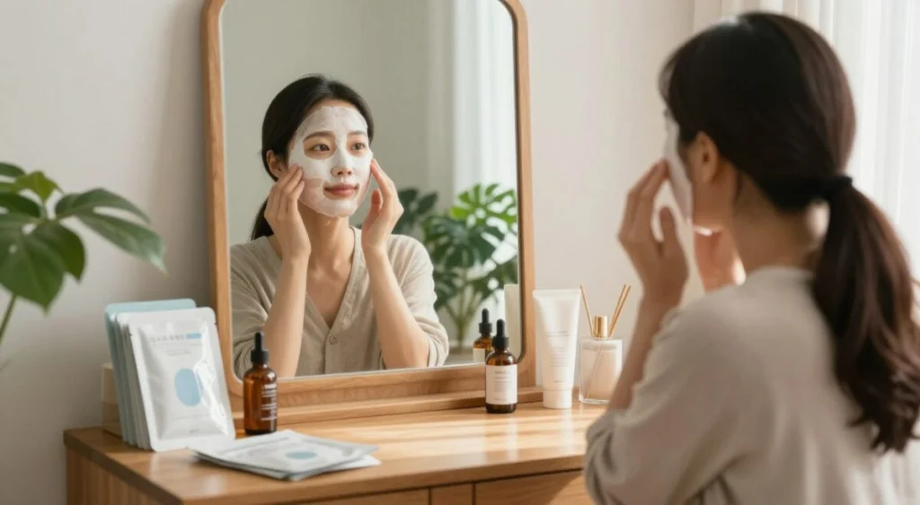 A serene indoor setting featuring a Korean skincare enthusiast in front of a wooden vanity, surrounded by various skincare products like serums and masks neatly arranged. The foreground shows a woman in modest casual clothing, applying a facial mask with care, radiating warmth and focus. The middle showcases her reflection in a well-lit mirror that softly illuminates her glowing skin, capturing the essence of the secrets of Korean beauty routines. The background features a lush plant and natural light filtering in through a window, creating a tranquil and inviting atmosphere. The image should have a soft, warm tone with gentle shadows to enhance the cozy feeling of self-care and beauty. A serene indoor setting featuring a Korean skincare enthusiast in front of a wooden vanity, surrounded by various skincare products like serums and masks neatly arranged. The foreground shows a woman in modest casual clothing, applying a facial mask with care, radiating warmth and focus. The middle showcases her reflection in a well-lit mirror that softly illuminates her glowing skin, capturing the essence of the secrets of Korean beauty routines. The background features a lush plant and natural light filtering in through a window, creating a tranquil and inviting atmosphere. The image should have a soft, warm tone with gentle shadows to enhance the cozy feeling of self-care and beauty.