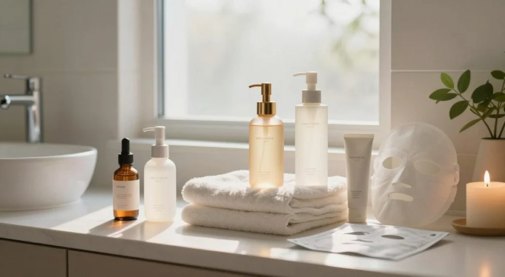 A serene, inviting bathroom scene reflecting the essence of Korean skincare. In the foreground, a well-organized vanity table holds an array of elegant skincare products—serums, moisturizers, and masks, artfully arranged. The middle layer features a soft, fluffy towel draped over a stylish sink, enhancing the feeling of luxury. The background showcases a frosted window allowing gentle sunlight to filter through, casting a warm glow on the scene. The atmosphere exudes calmness and renewal. Include subtle decorative elements like green plants and delicate candles to evoke a serene, spa-like ambiance. Capture the essence of hydration and luminosity, emphasizing the gentle, nurturing qualities of skincare. The focus should be on the products and details, demonstrating the secrets behind achieving luminous skin. A serene, inviting bathroom scene reflecting the essence of Korean skincare. In the foreground, a well-organized vanity table holds an array of elegant skincare products—serums, moisturizers, and masks, artfully arranged. The middle layer features a soft, fluffy towel draped over a stylish sink, enhancing the feeling of luxury. The background showcases a frosted window allowing gentle sunlight to filter through, casting a warm glow on the scene. The atmosphere exudes calmness and renewal. Include subtle decorative elements like green plants and delicate candles to evoke a serene, spa-like ambiance. Capture the essence of hydration and luminosity, emphasizing the gentle, nurturing qualities of skincare. The focus should be on the products and details, demonstrating the secrets behind achieving luminous skin.