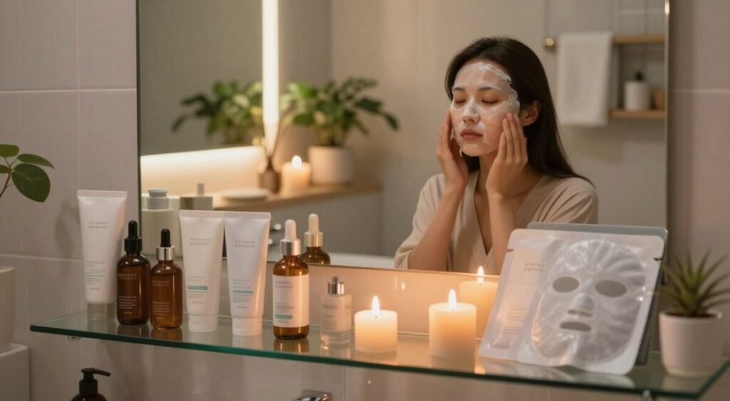 A serene nighttime skincare scene set in a softly lit bathroom. In the foreground, a glass shelf displays an array of popular Korean skincare products, including serums, moisturizers, and sheet masks, elegantly arranged with gentle reflections. In the middle, a young woman in comfortable, modest loungewear peacefully applies a soothing mask to her face, surrounded by a few candles that cast warm, flickering light. The background features a mirror with a soft glow, showcasing a collection of plants and calming decor, enhancing the tranquil atmosphere. The overall mood is relaxing and rejuvenating, evoking a sense of self-care and wellness in a modern, inviting space.