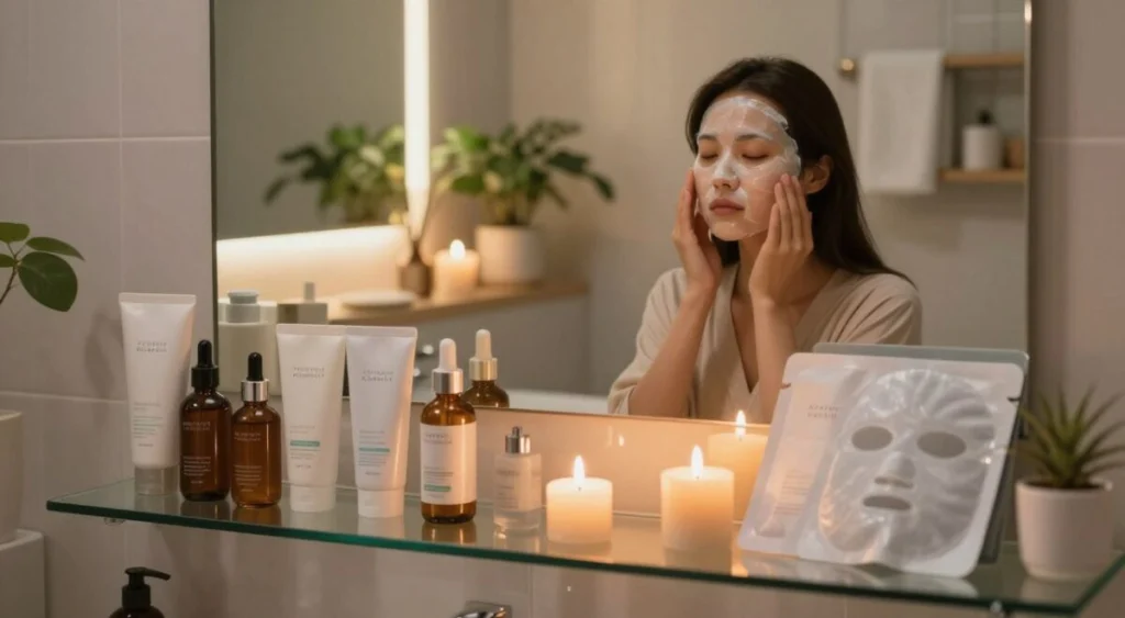 A serene nighttime skincare scene set in a softly lit bathroom. In the foreground, a glass shelf displays an array of popular Korean skincare products, including serums, moisturizers, and sheet masks, elegantly arranged with gentle reflections. In the middle, a young woman in comfortable, modest loungewear peacefully applies a soothing mask to her face, surrounded by a few candles that cast warm, flickering light. The background features a mirror with a soft glow, showcasing a collection of plants and calming decor, enhancing the tranquil atmosphere. The overall mood is relaxing and rejuvenating, evoking a sense of self-care and wellness in a modern, inviting space.
