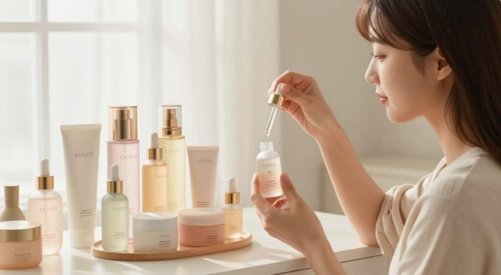 A serene skincare routine display inspired by Korean beauty standards, featuring an elegant vanity set. In the foreground, a young woman with radiant skin, wearing modest casual clothing, is gently applying a facial serum with a glass dropper. The middle layer showcases an array of luxurious skincare products such as serums, essences, and moisturizers, all artfully arranged with pastel-colored containers. In the background, there is a softly lit window with sheer curtains, allowing warm, natural light to flood the scene. The atmosphere is tranquil and inviting, conveying a sense of calm and beauty that reflects the ideals of K-beauty. The image focuses on skincare rituals that promote healthy, glowing skin. A serene skincare routine display inspired by Korean beauty standards, featuring an elegant vanity set. In the foreground, a young woman with radiant skin, wearing modest casual clothing, is gently applying a facial serum with a glass dropper. The middle layer showcases an array of luxurious skincare products such as serums, essences, and moisturizers, all artfully arranged with pastel-colored containers. In the background, there is a softly lit window with sheer curtains, allowing warm, natural light to flood the scene. The atmosphere is tranquil and inviting, conveying a sense of calm and beauty that reflects the ideals of K-beauty. The image focuses on skincare rituals that promote healthy, glowing skin.