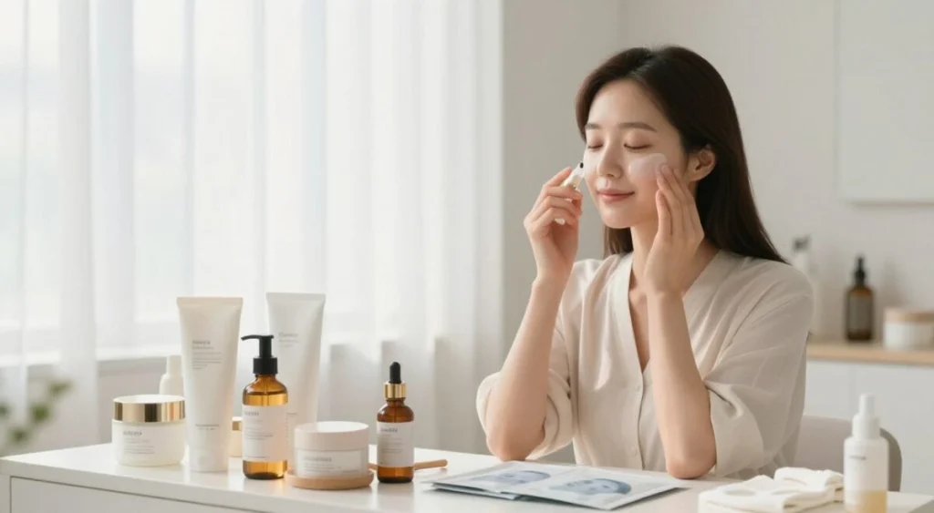 A serene skincare routine scene depicting a Korean woman in a bright, minimalist bathroom. In the foreground, a beautifully arranged vanity showcases various skincare products like serums, moisturizers, and masks in elegant packaging. The middle ground features the woman, dressed in a modest, stylish outfit, gently applying a facial essence with a peaceful expression, illustrating a moment of self-care. The background includes soft natural light streaming in through a window adorned with sheer curtains, enhancing the calm atmosphere. The color palette is soft and pastel, creating a soothing vibe. The image captures the essence of a dedicated skincare routine, emphasizing clarity, purity, and tranquility, inviting viewers to embark on their journey to perfect skin. A serene skincare routine scene depicting a Korean woman in a bright, minimalist bathroom. In the foreground, a beautifully arranged vanity showcases various skincare products like serums, moisturizers, and masks in elegant packaging. The middle ground features the woman, dressed in a modest, stylish outfit, gently applying a facial essence with a peaceful expression, illustrating a moment of self-care. The background includes soft natural light streaming in through a window adorned with sheer curtains, enhancing the calm atmosphere. The color palette is soft and pastel, creating a soothing vibe. The image captures the essence of a dedicated skincare routine, emphasizing clarity, purity, and tranquility, inviting viewers to embark on their journey to perfect skin.